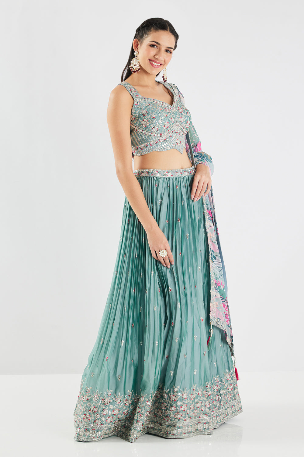 Neerus Aqua Embroidery Work Georgette Fabric Ghagra Set