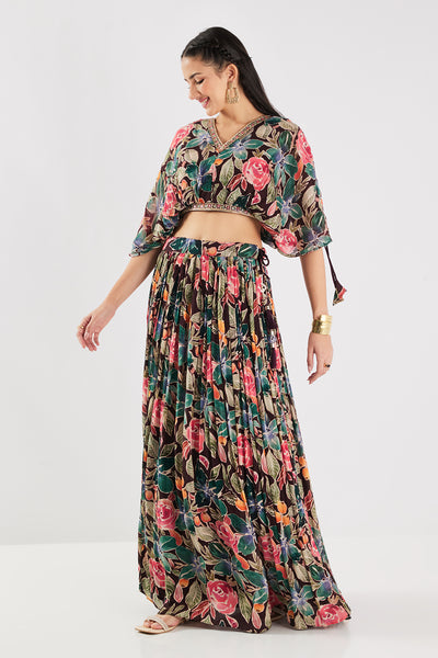 Neerus Brown Floral Georgette Fabric Fusion Set.