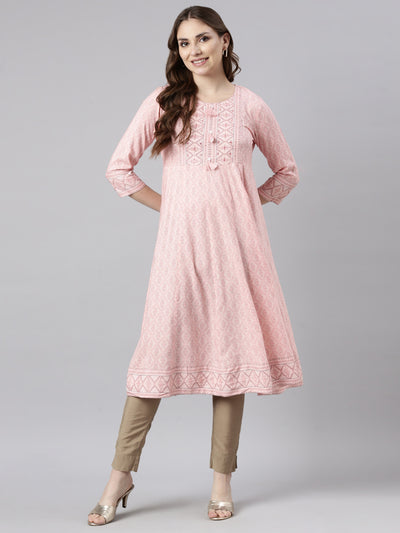 Neerus Peach Panelled Anarkali Floral Kurtas