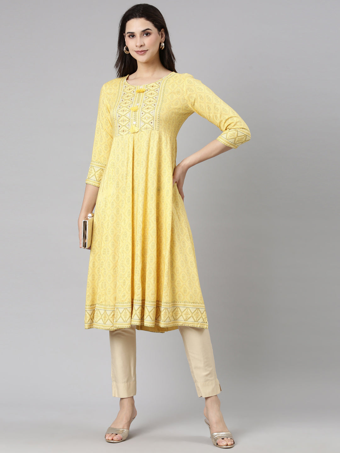 Neerus Yellow Panelled Anarkali Floral Kurtas