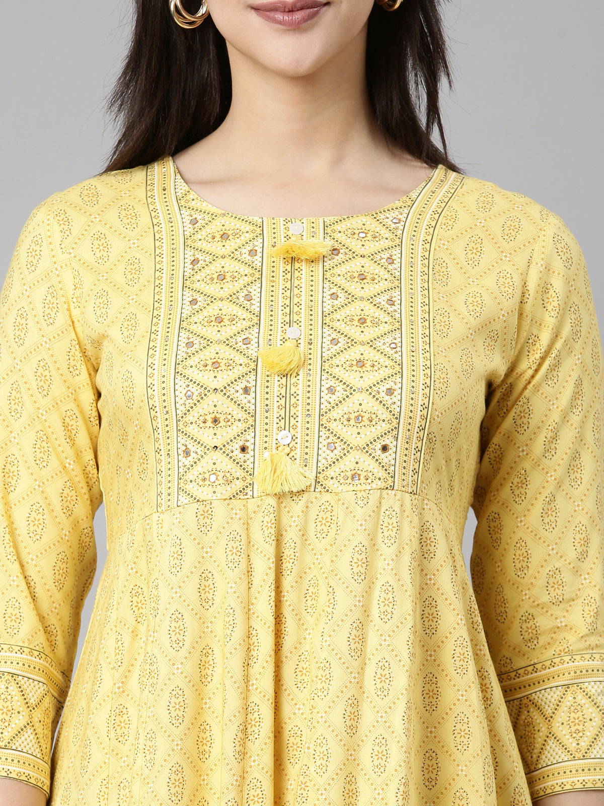 Neerus Yellow Panelled Anarkali Floral Kurtas