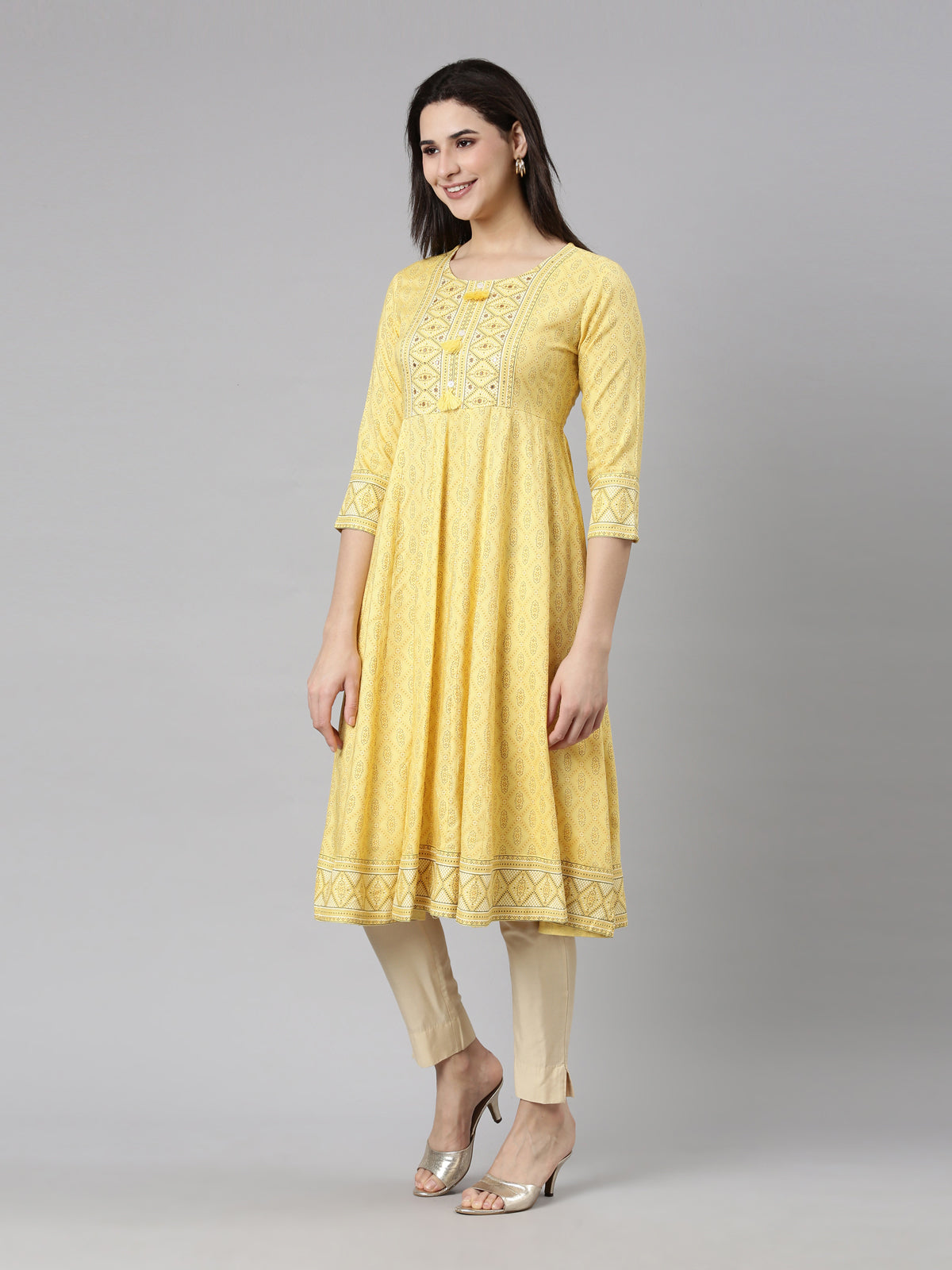 Neerus Yellow Panelled Anarkali Floral Kurtas