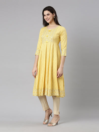 Neerus Yellow Panelled Anarkali Floral Kurtas