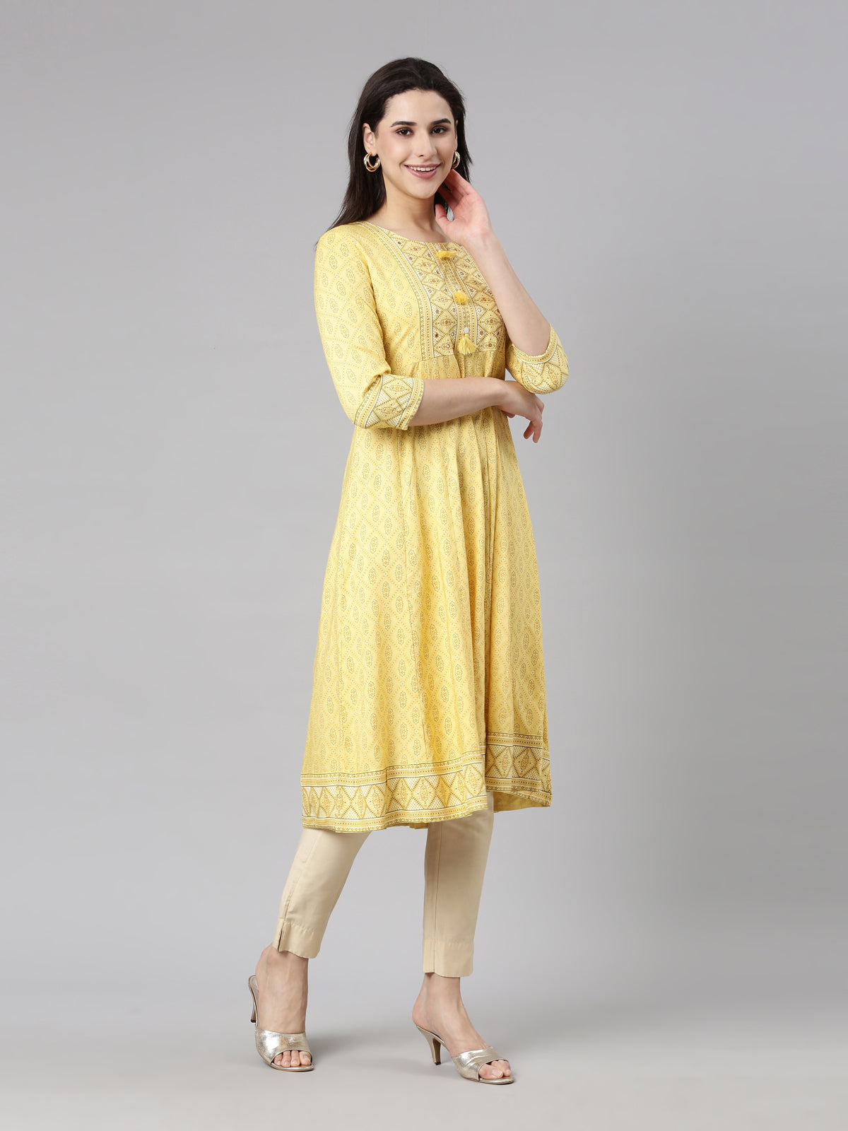 Neerus Yellow Panelled Anarkali Floral Kurtas