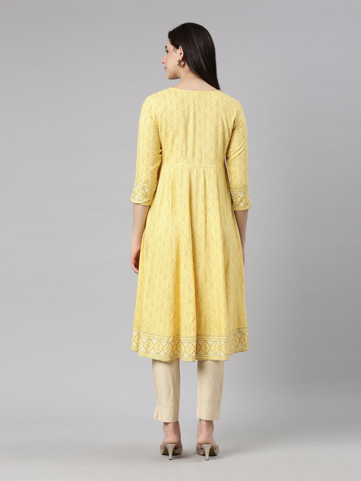 Neerus Yellow Panelled Anarkali Floral Kurtas