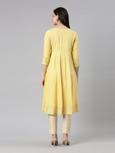 Neerus Yellow Panelled Anarkali Floral Kurtas