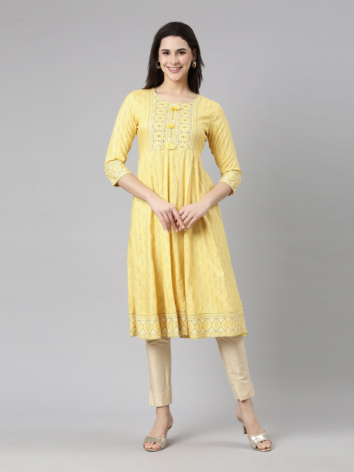 Neerus Yellow Panelled Anarkali Floral Kurtas