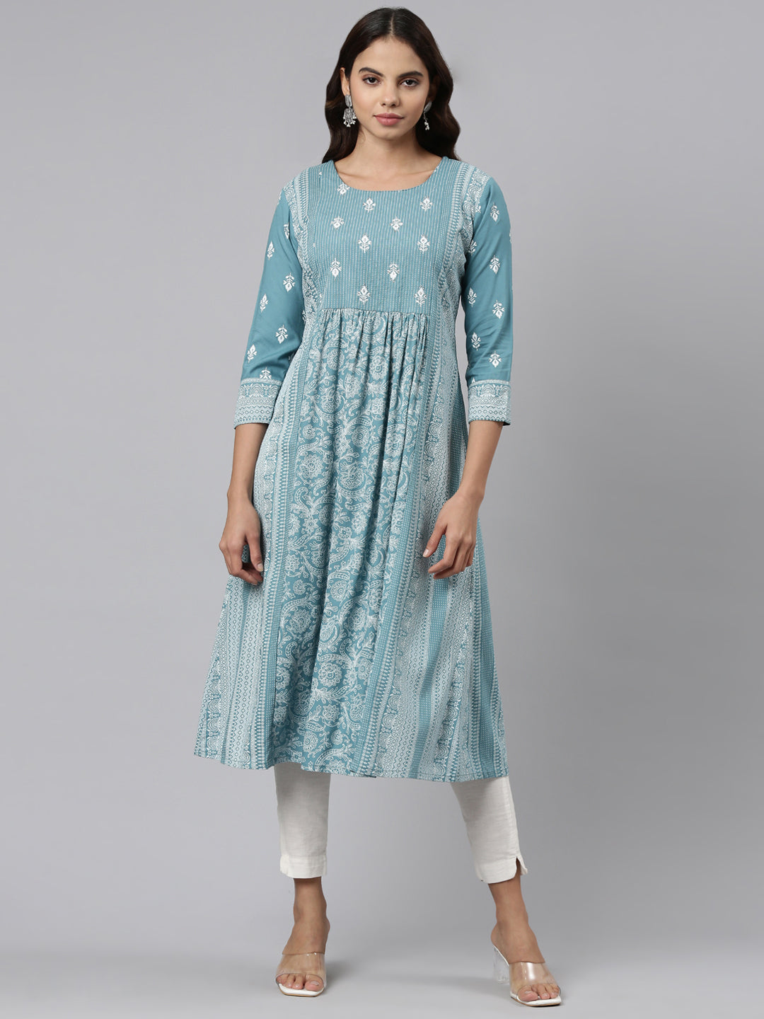 Neeru's Blue Pleated Anarkali Embroidered Kurtas