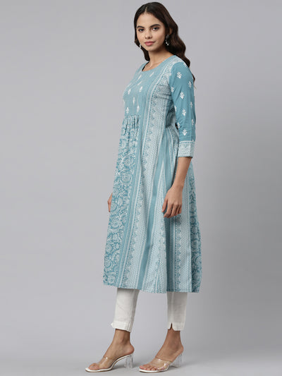 Neeru's Blue Pleated Anarkali Embroidered Kurtas