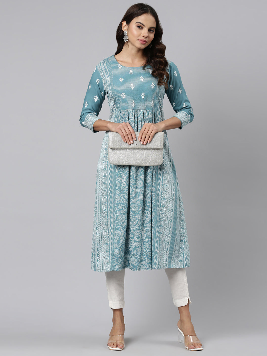 Neeru's Blue Pleated Anarkali Embroidered Kurtas