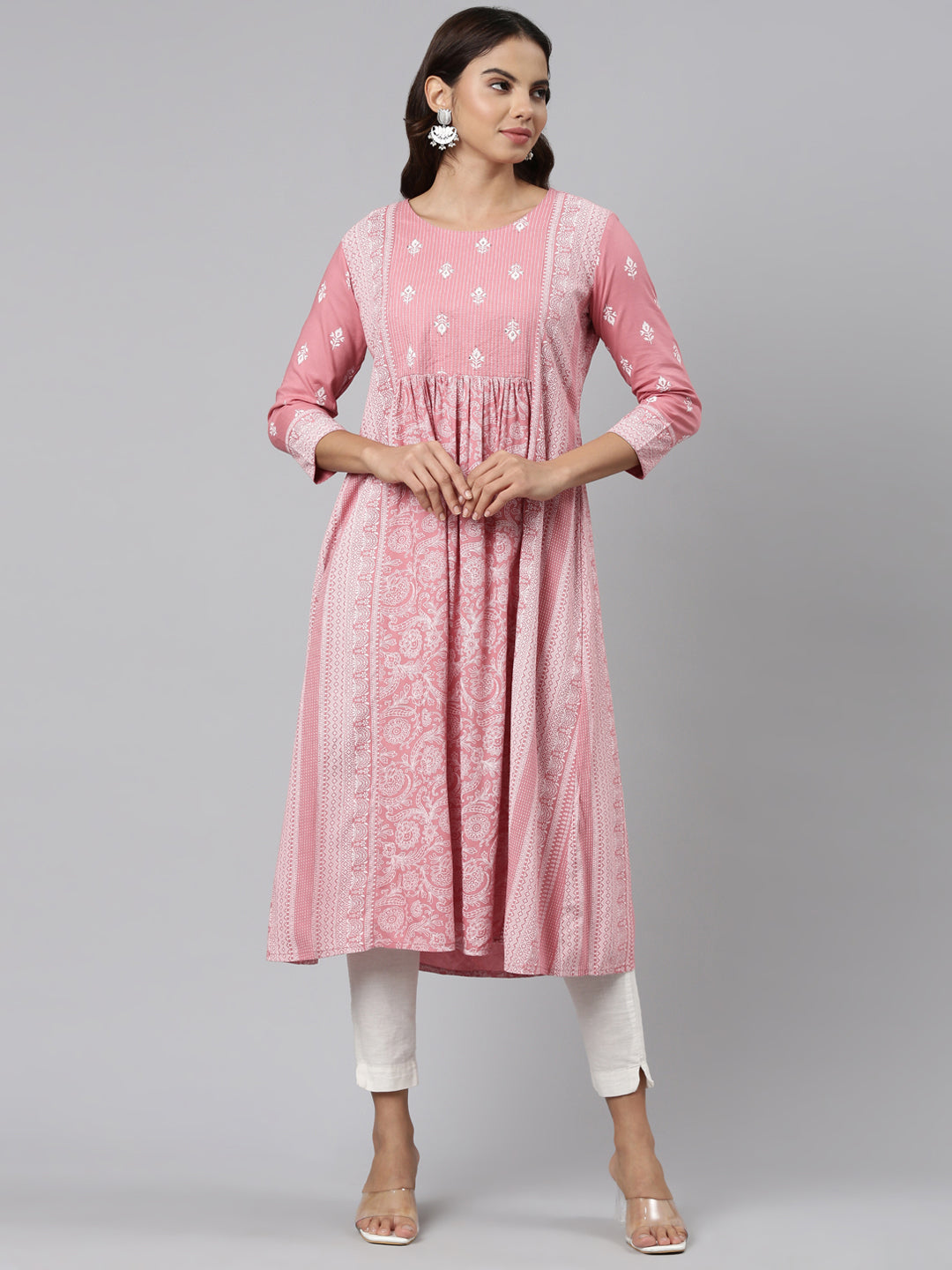 Neeru's Coral Pleated Anarkali Embroidered Kurtas