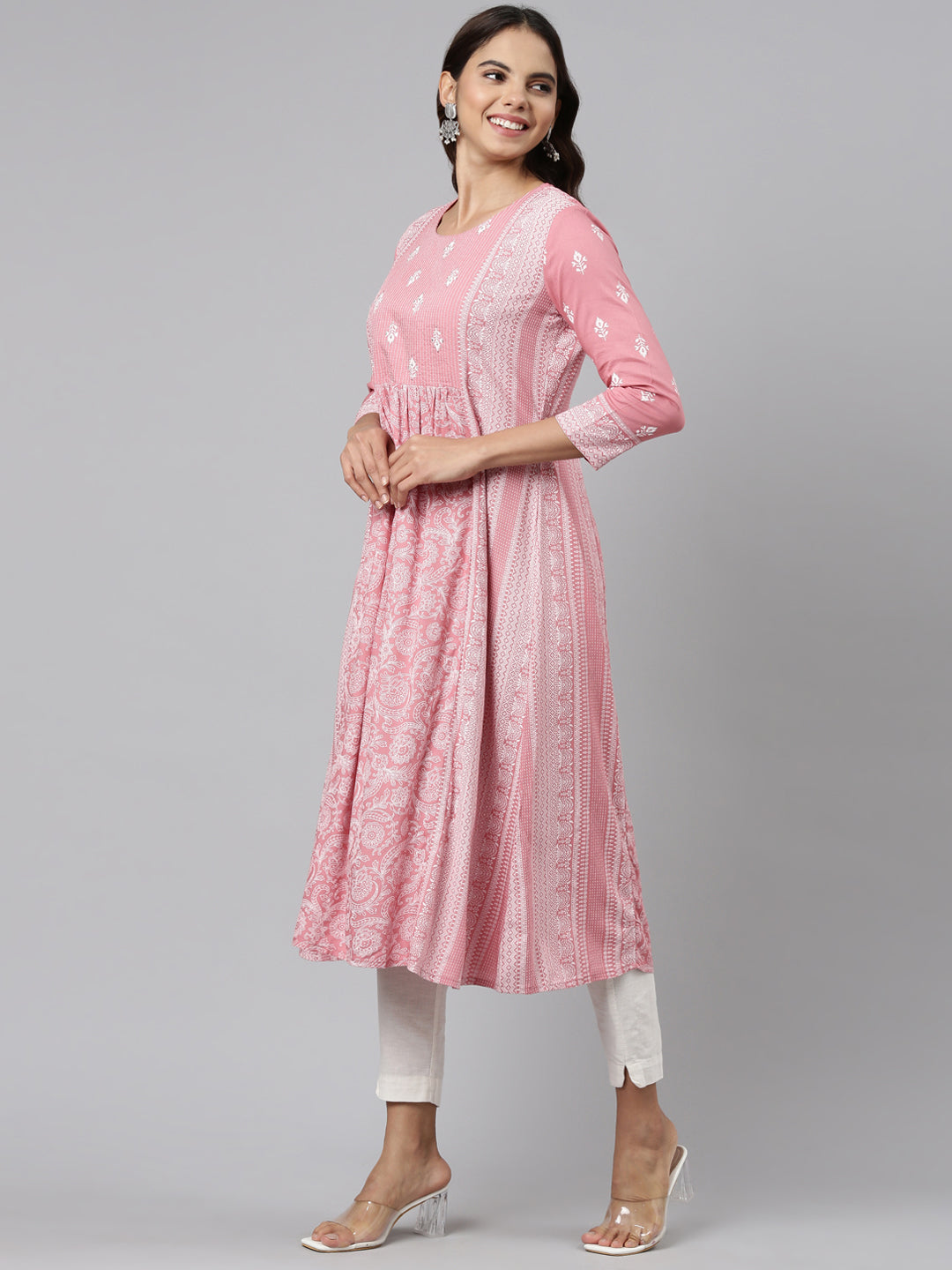 Neeru's Coral Pleated Anarkali Embroidered Kurtas