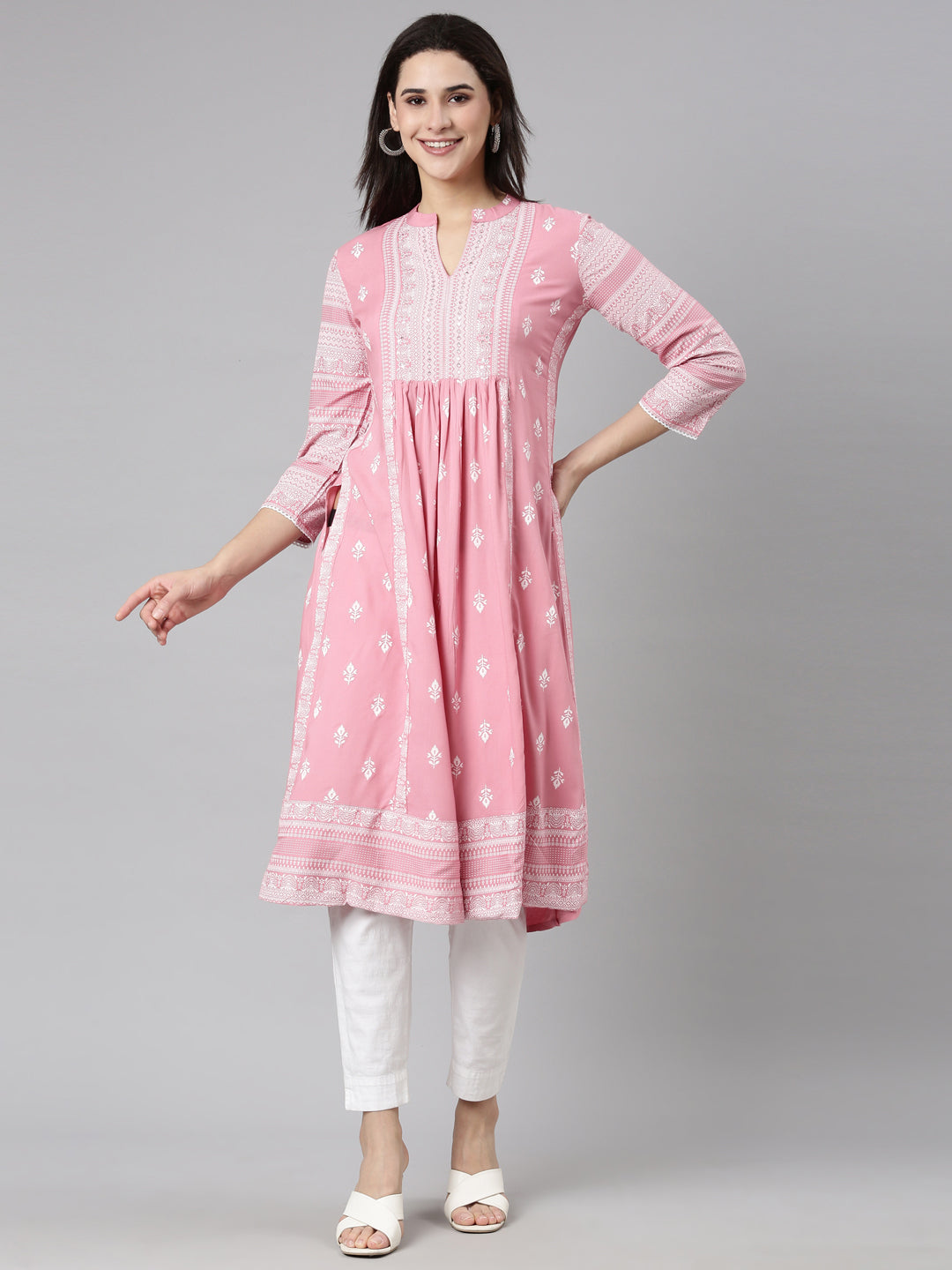 Neerus Pink Pleated Straight Woven Design Kurtas