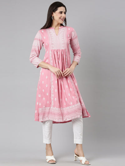 Neerus Pink Pleated Straight Woven Design Kurtas