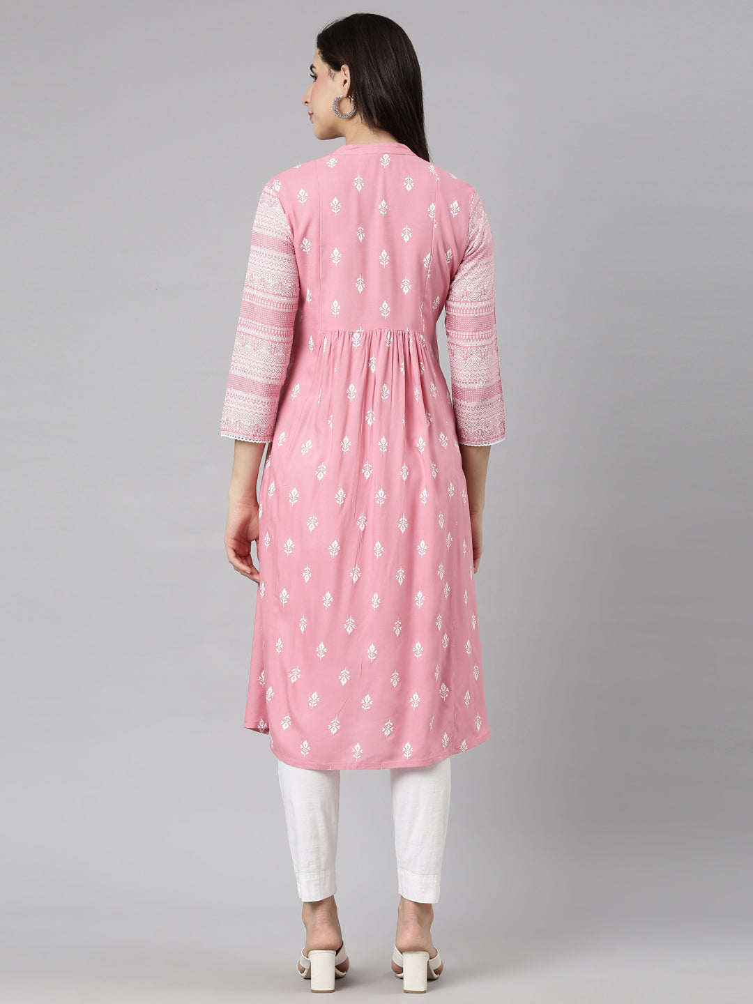 Neerus Pink Pleated Straight Woven Design Kurtas