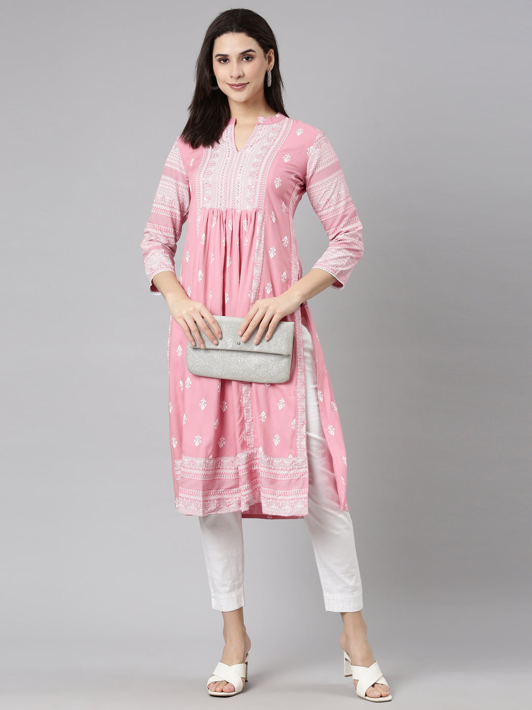 Neerus Pink Pleated Straight Woven Design Kurtas