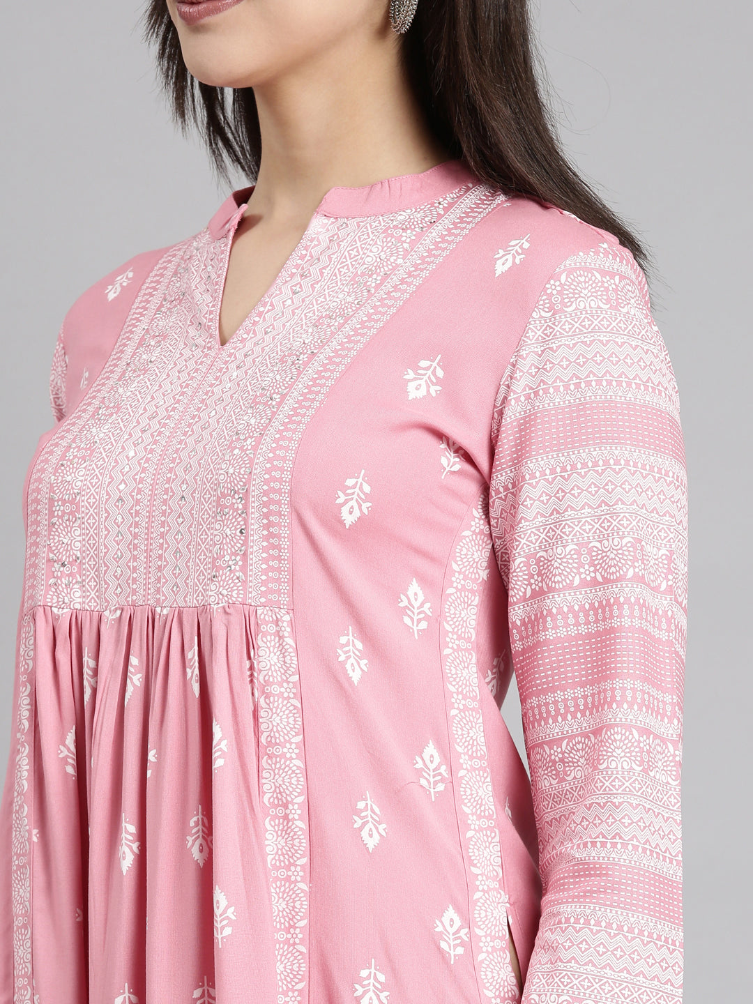 Neerus Pink Pleated Straight Woven Design Kurtas