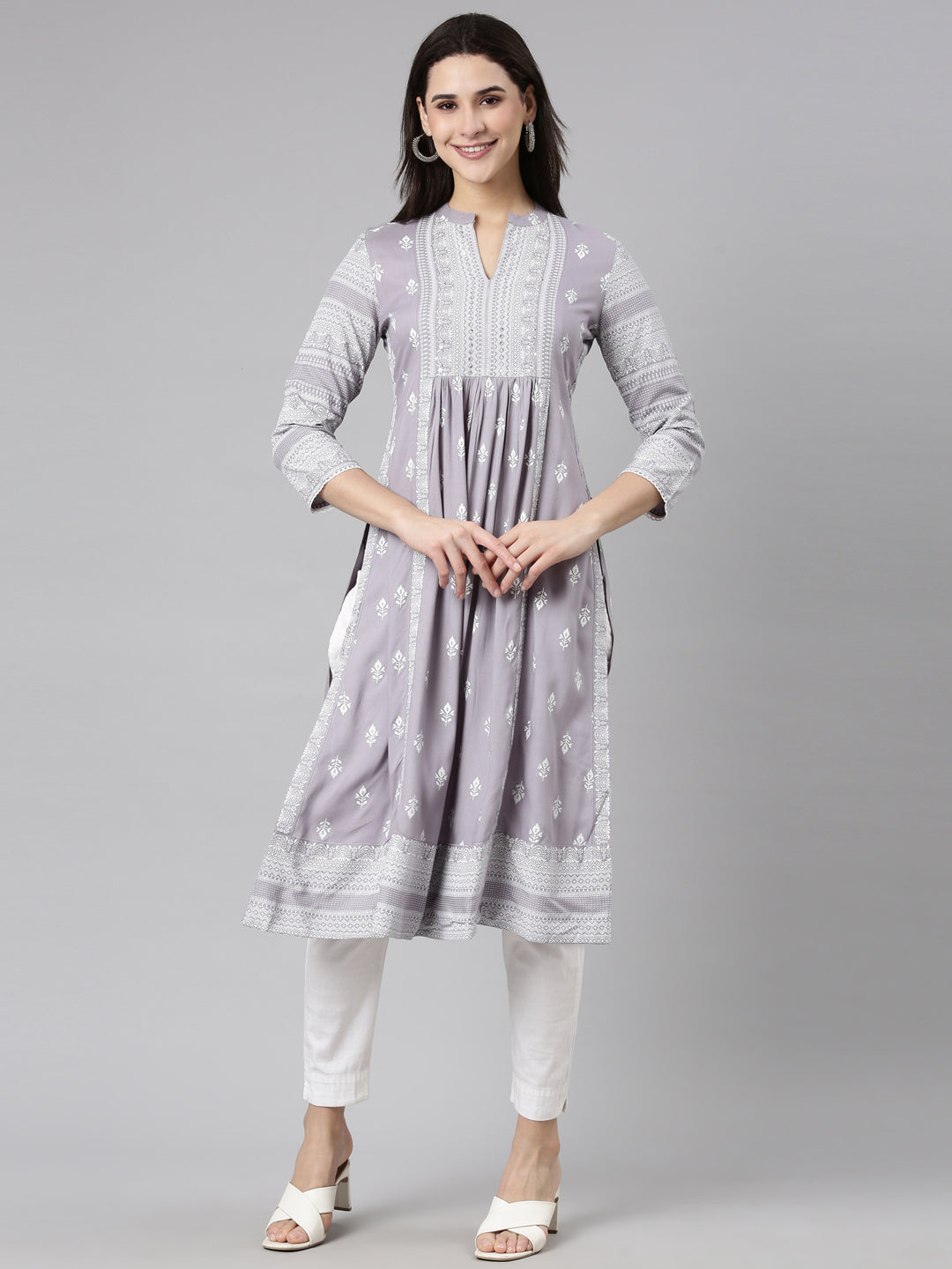 Neerus Grey Pleated Straight Woven Design Kurtas