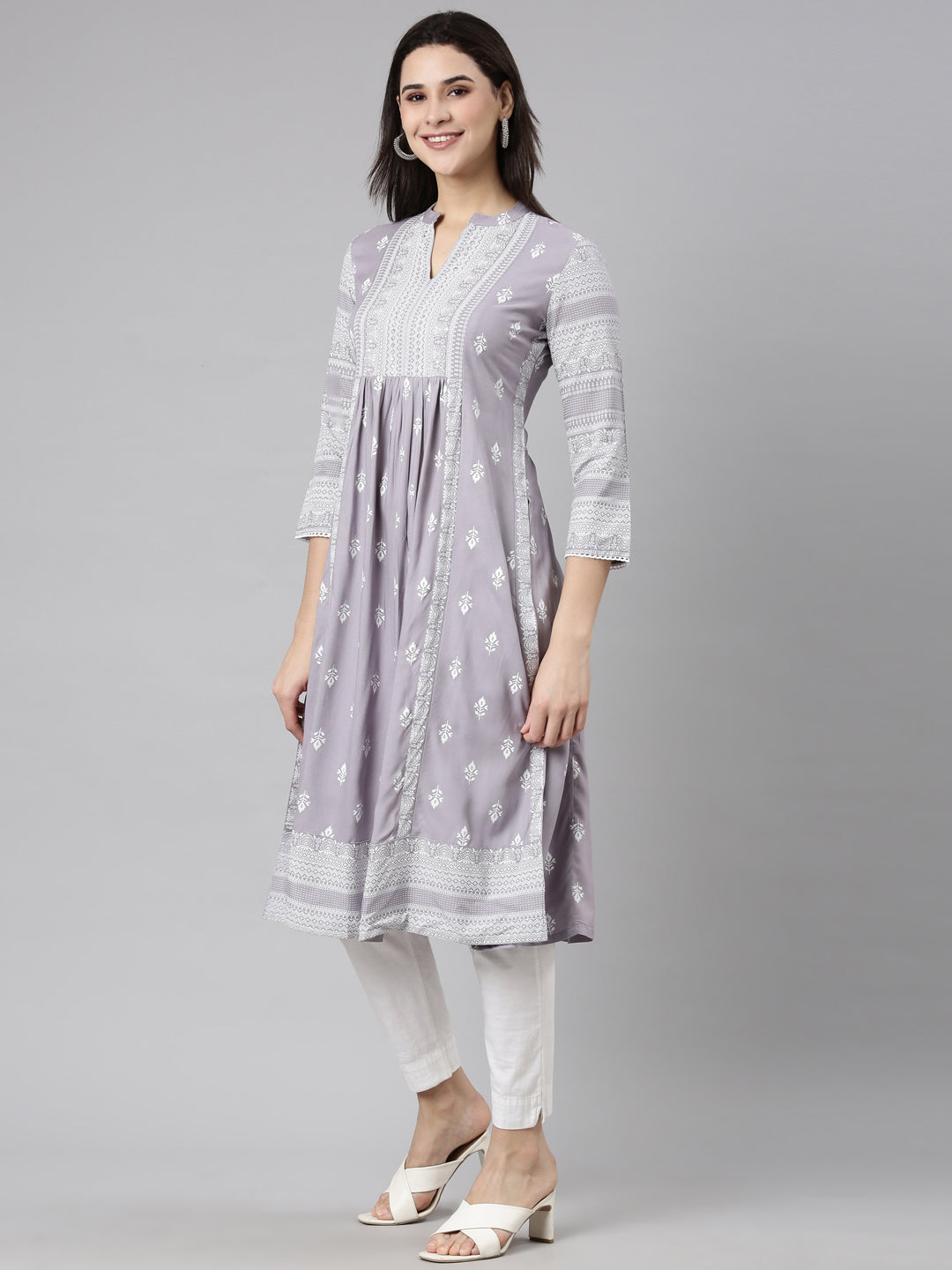 Neerus Grey Pleated Straight Woven Design Kurtas