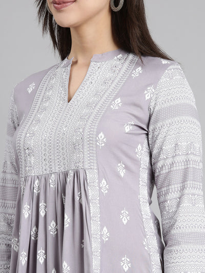 Neerus Grey Pleated Straight Woven Design Kurtas