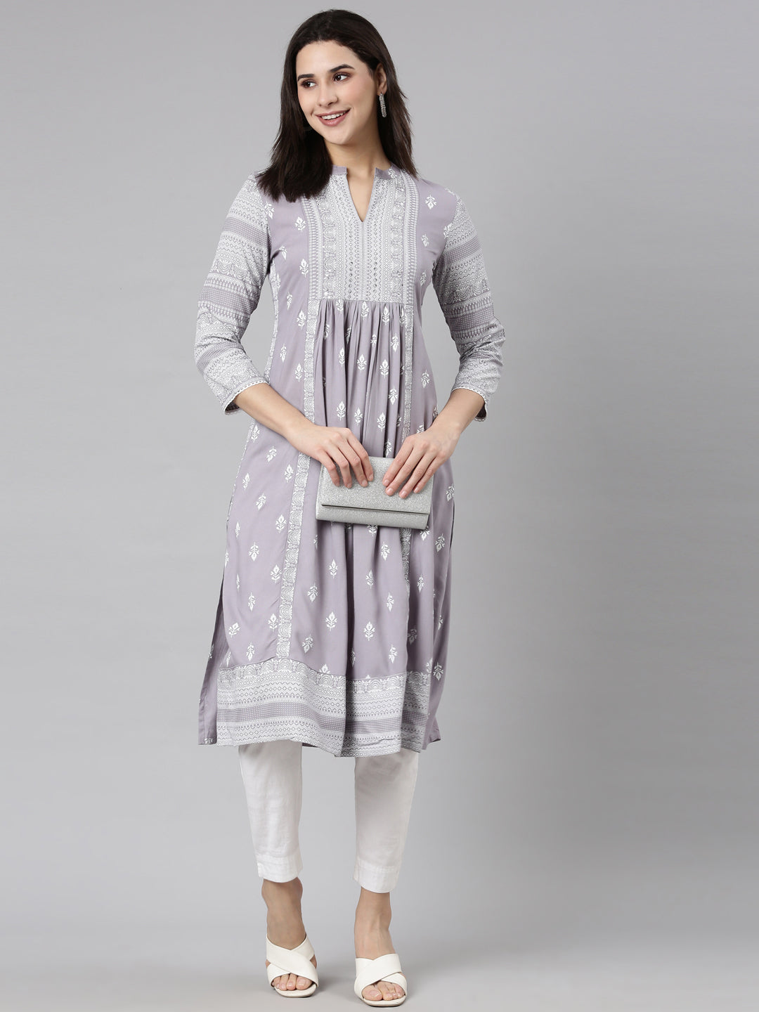 Neerus Grey Pleated Straight Woven Design Kurtas