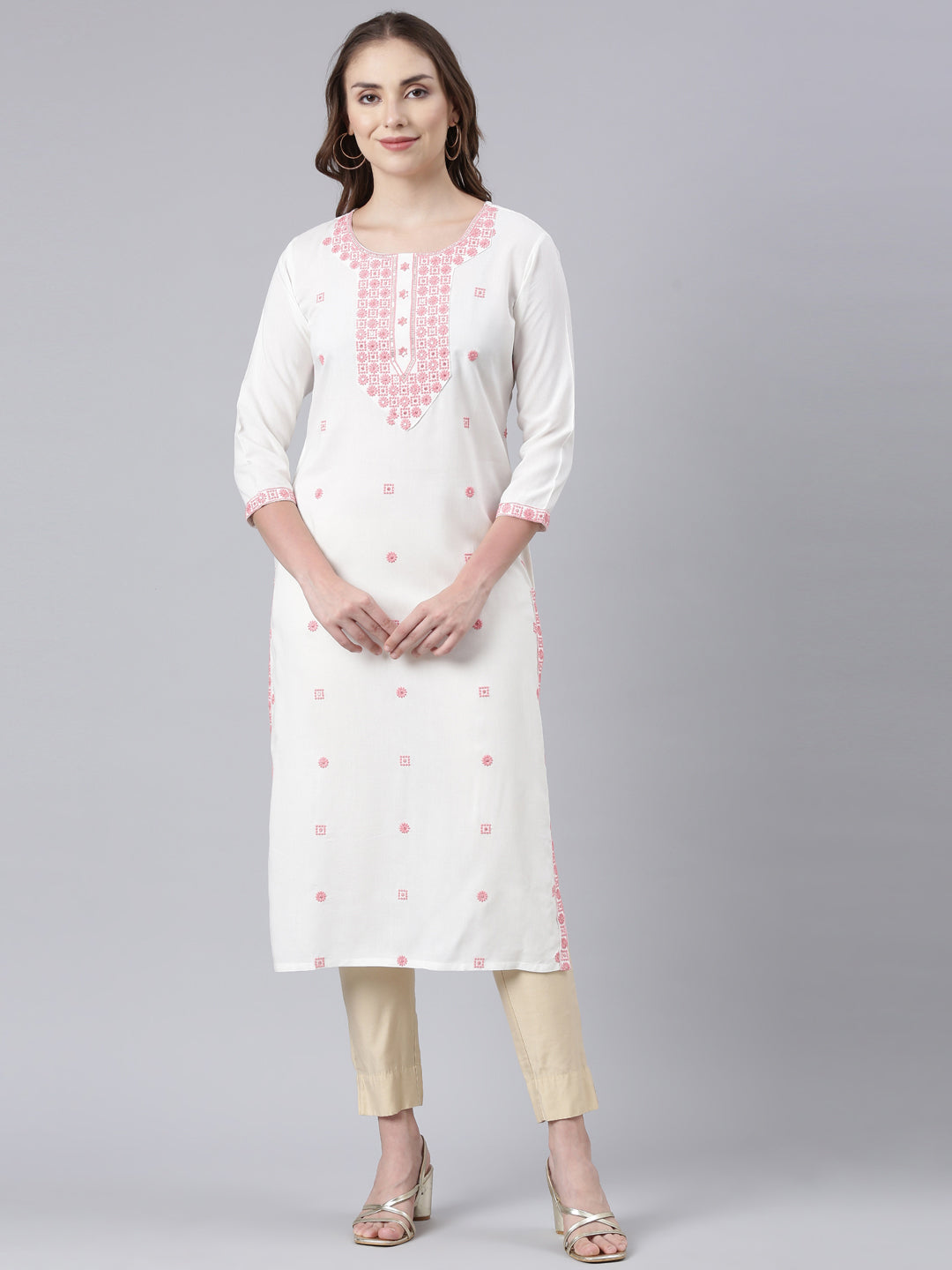 Neerus Pink Panelled Straight Floral Kurtas