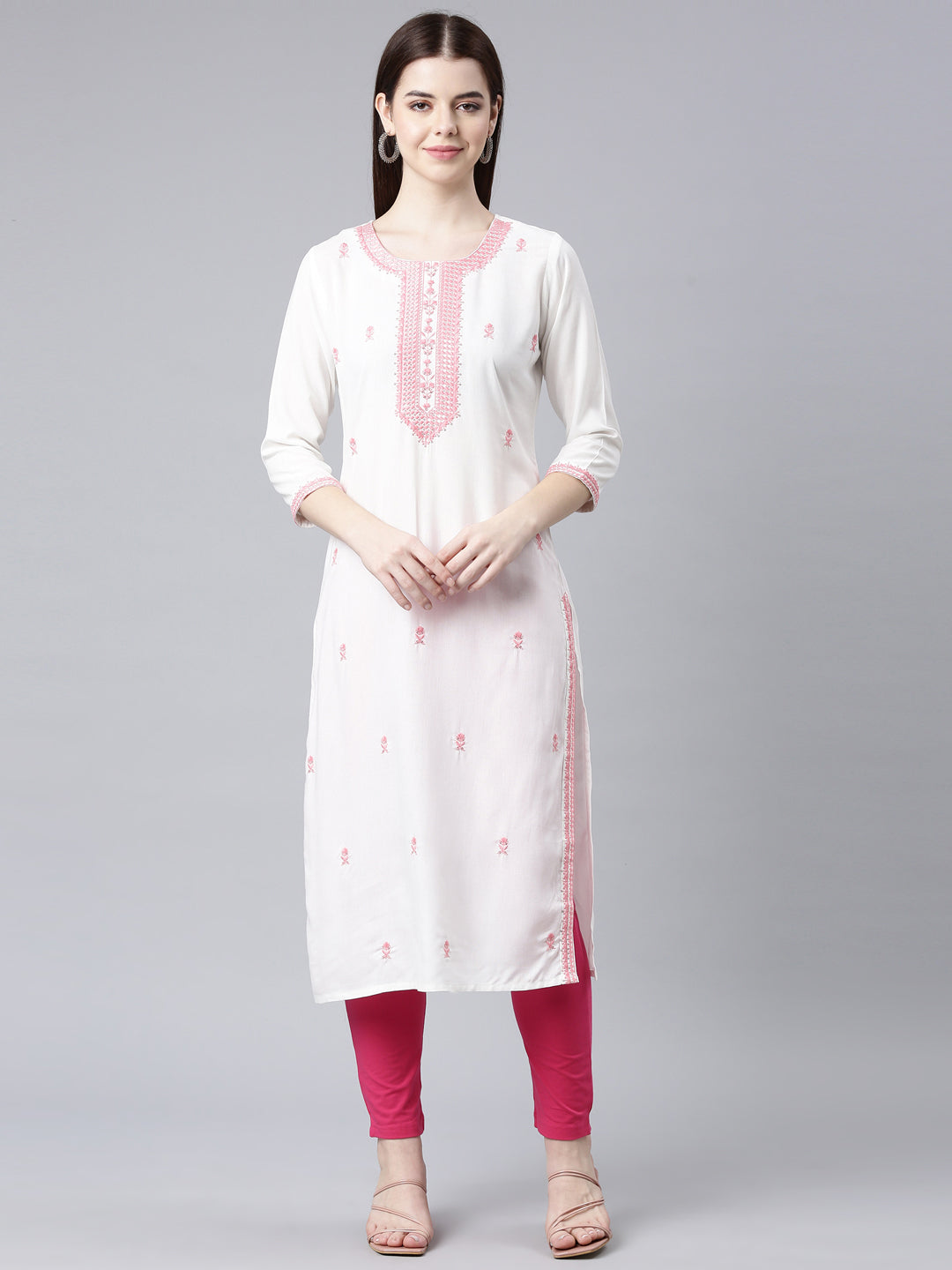 Neerus Coral Straight Casual Floral Straight Kurtas