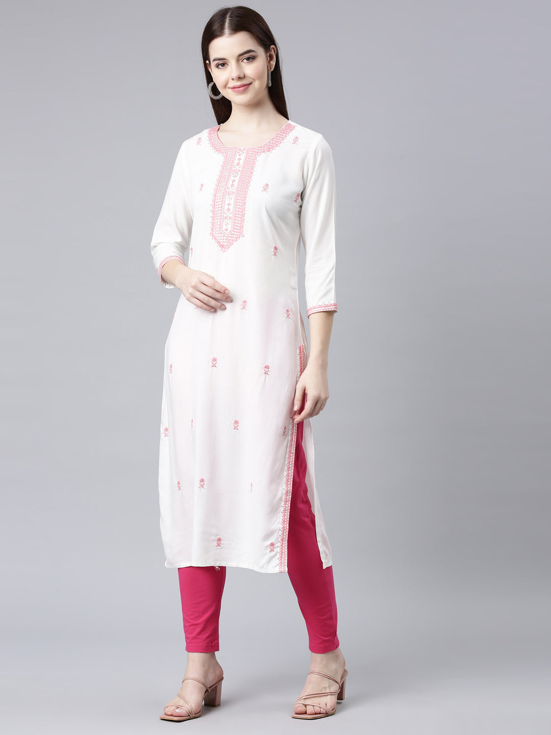 Neerus Coral Straight Casual Floral Straight Kurtas