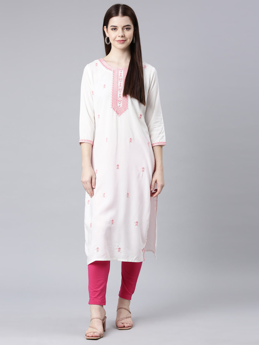 Neerus Coral Straight Casual Floral Straight Kurtas