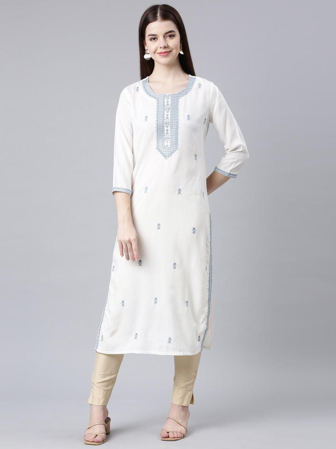 Neerus Grey Straight Casual Floral Straight Kurtas