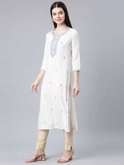 Neerus Grey Straight Casual Floral Straight Kurtas