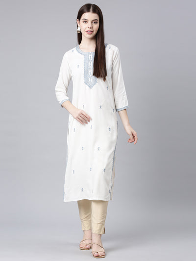 Neerus Grey Straight Casual Floral Straight Kurtas