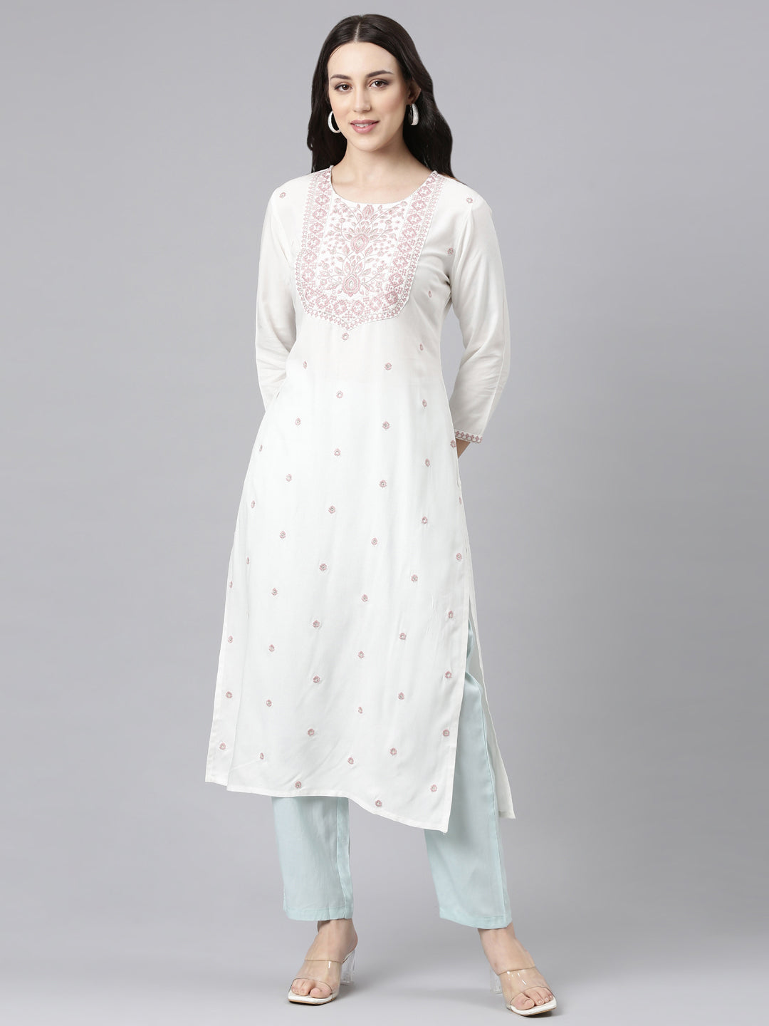 Neerus Pink Straight Casual Embellished Kurtas