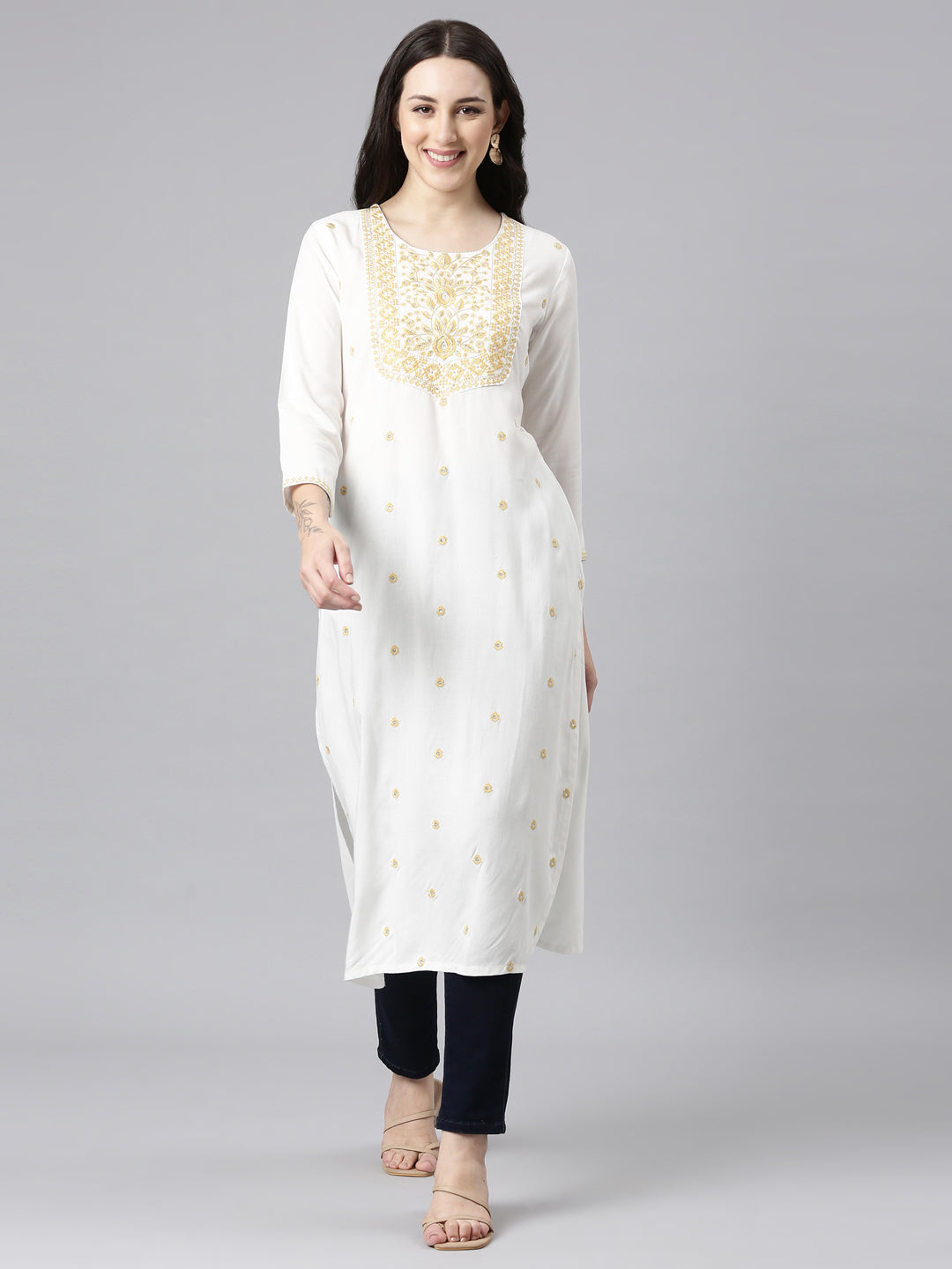 Neerus Yellow Straight Casual Embellished Kurtas