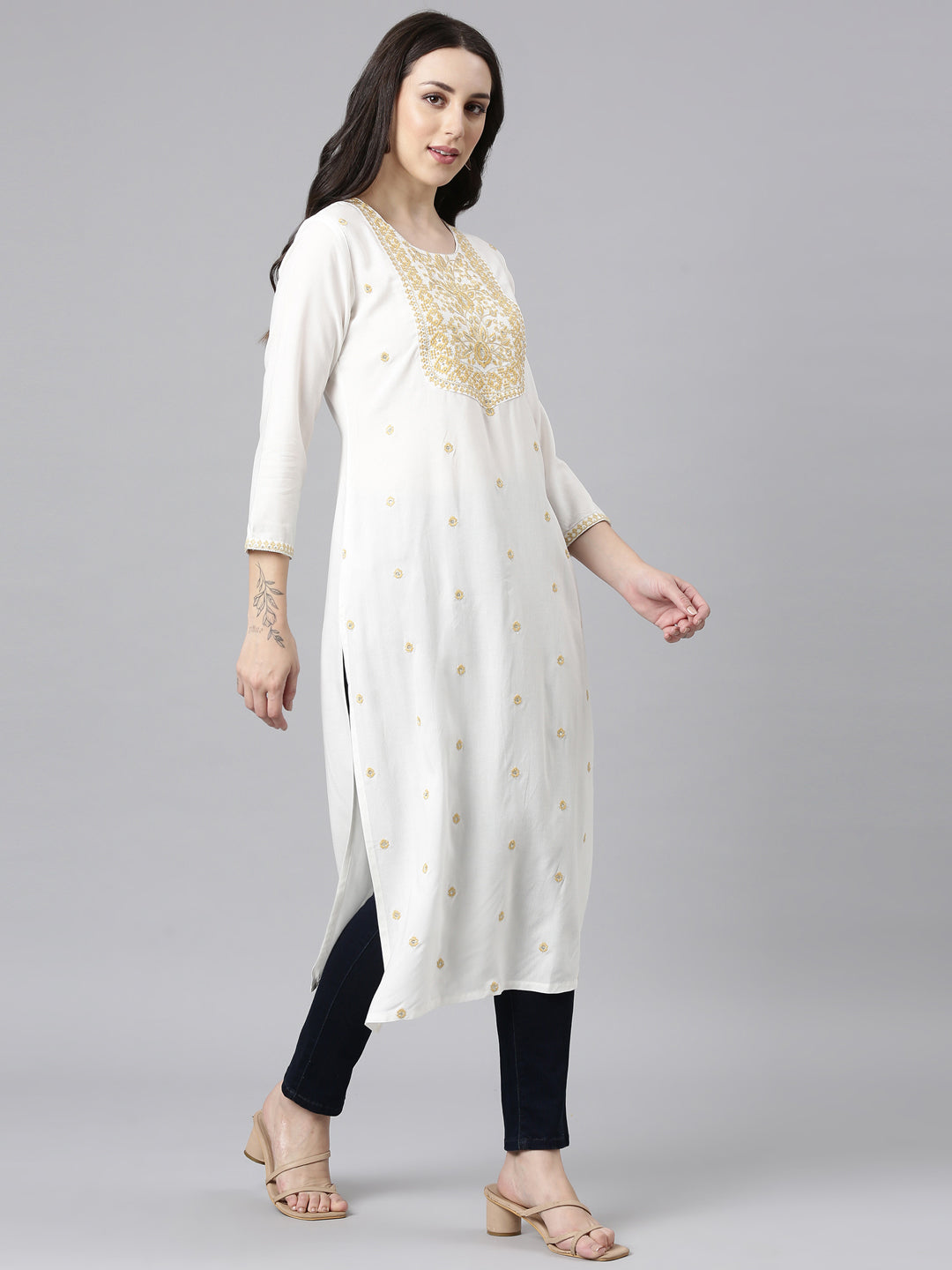 Neerus Yellow Straight Casual Embellished Kurtas