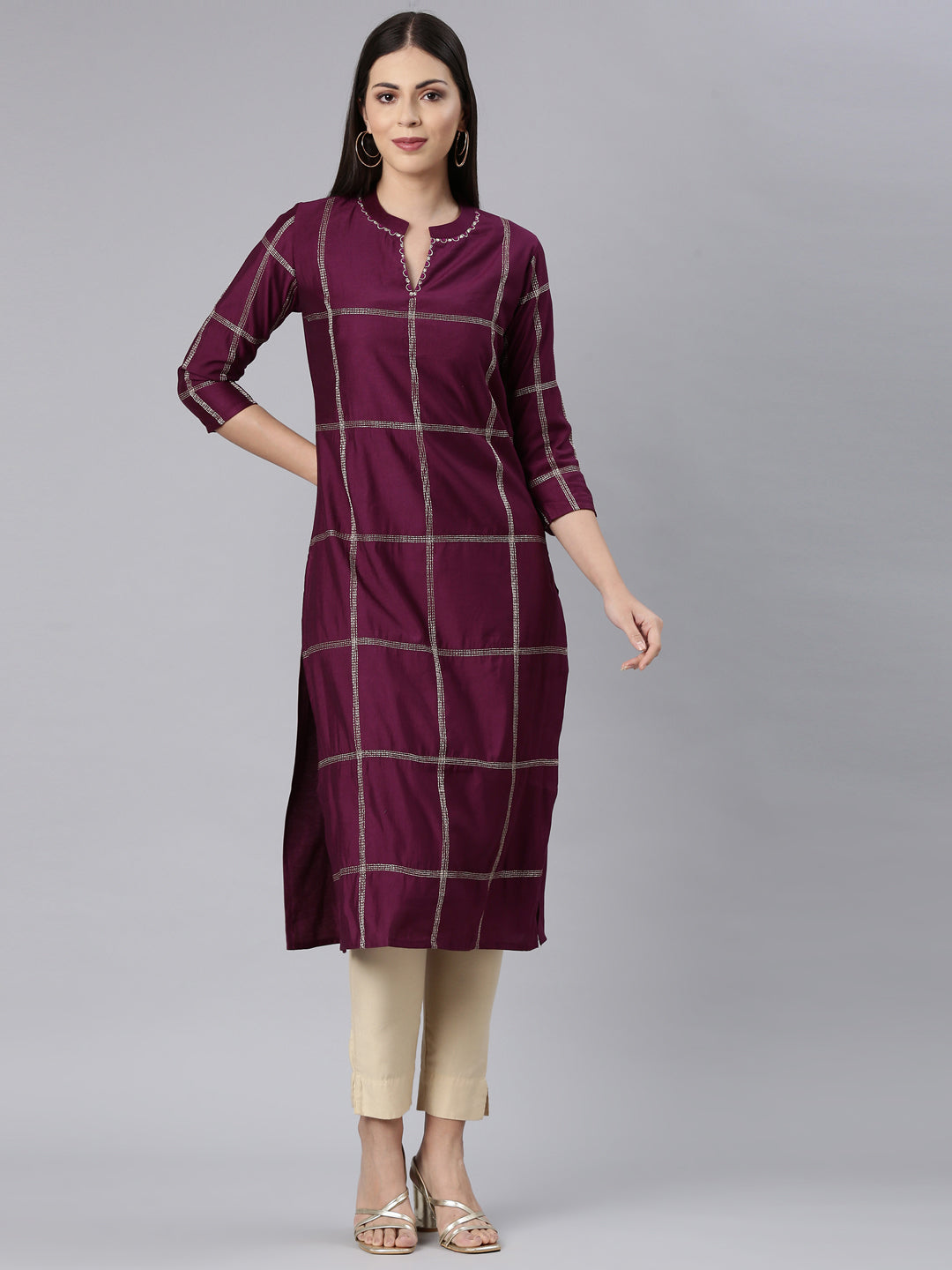 Neerus Maroon Straight Casual Solid Straight Kurtas