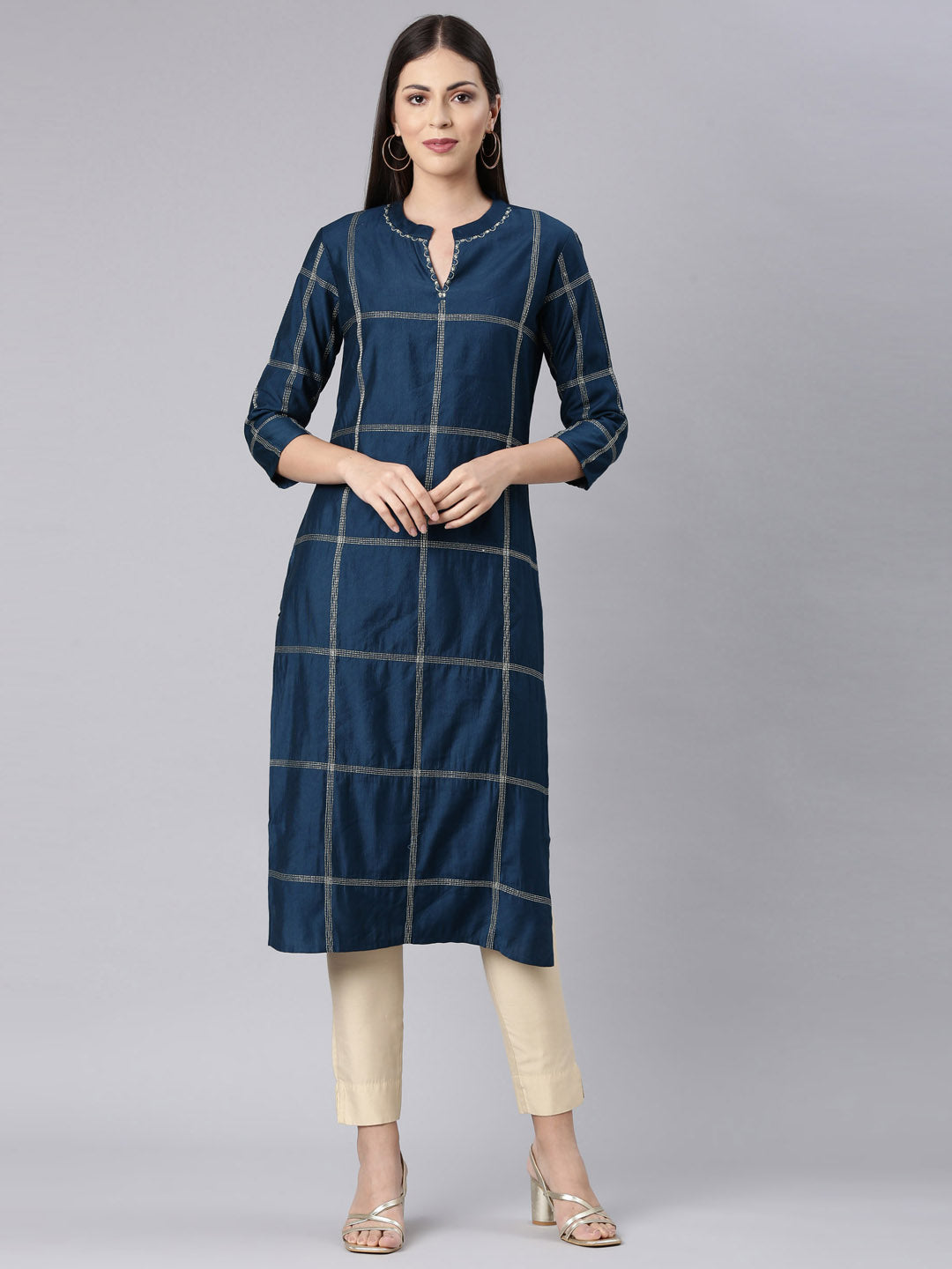 Neerus Blue Straight Casual Solid Straight Kurtas