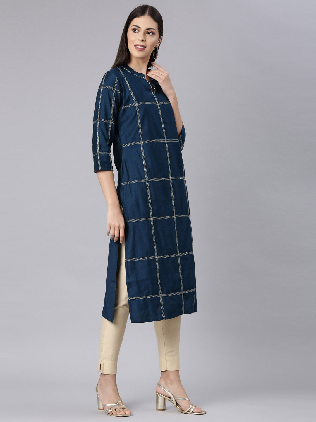 Neerus Blue Straight Casual Solid Straight Kurtas