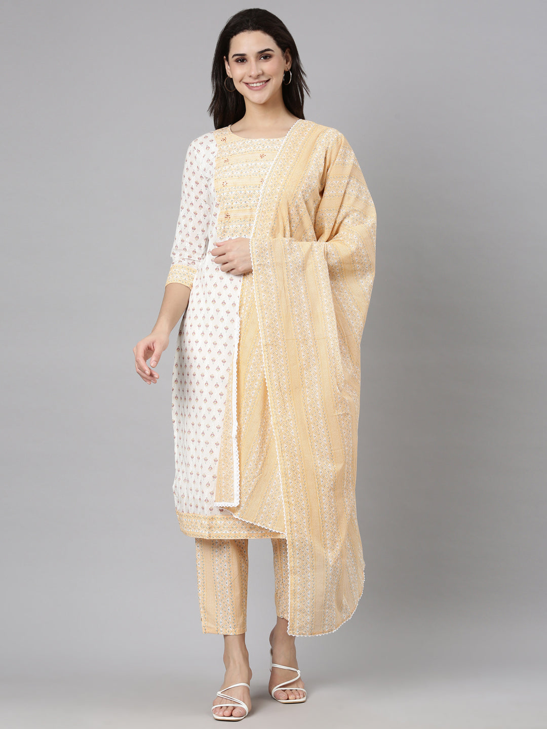 Neerus Cream Regular Straight Floral Kurta And  Trousers With Dupatta