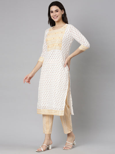 Neerus Cream Regular Straight Floral Kurta And  Trousers With Dupatta