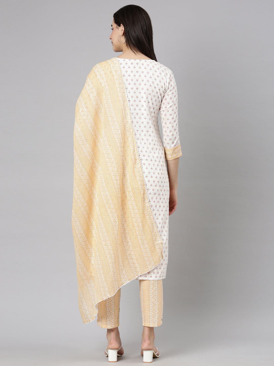 Neerus Cream Regular Straight Floral Kurta And  Trousers With Dupatta