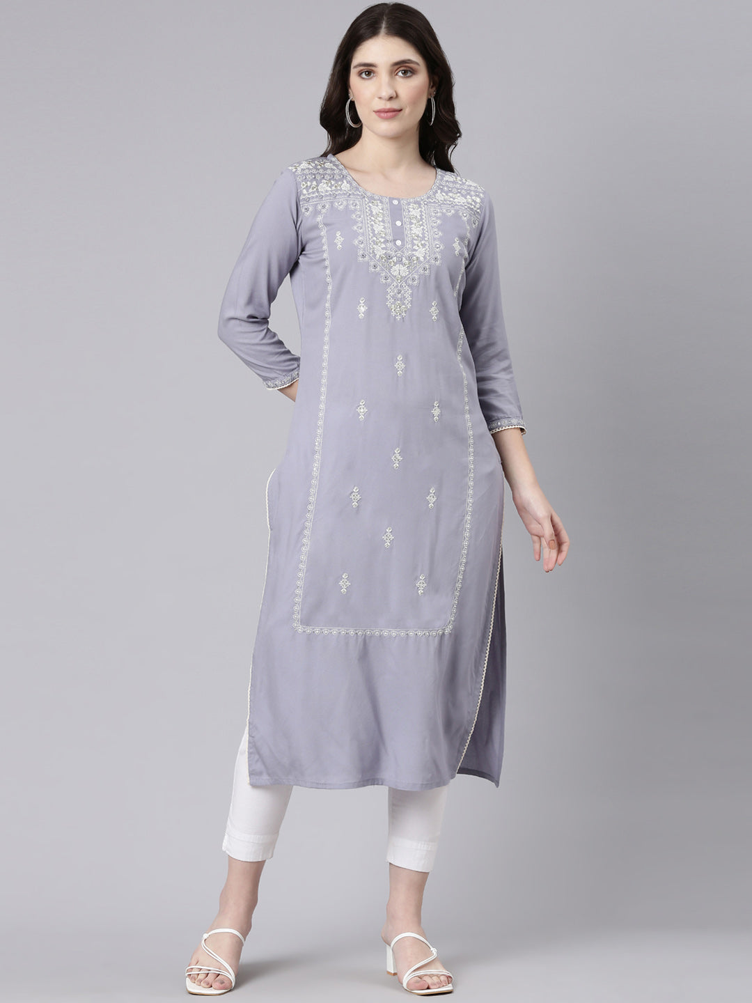 Neeru's Grey Regular Straight Embroidered Kurtas