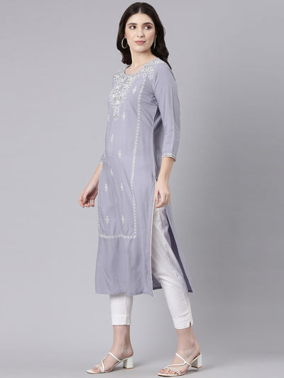 Neeru's Grey Regular Straight Embroidered Kurtas