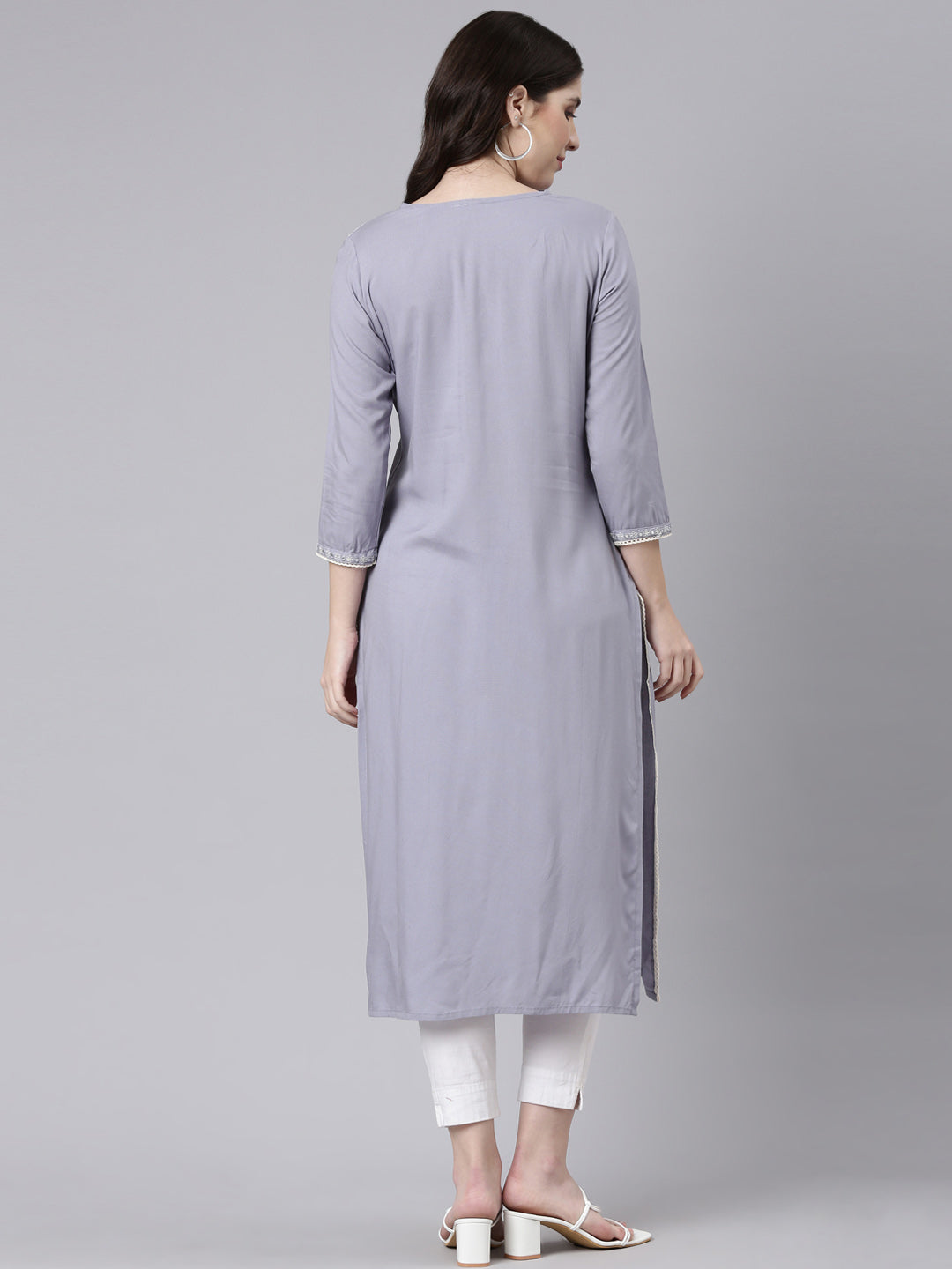 Neeru's Grey Regular Straight Embroidered Kurtas