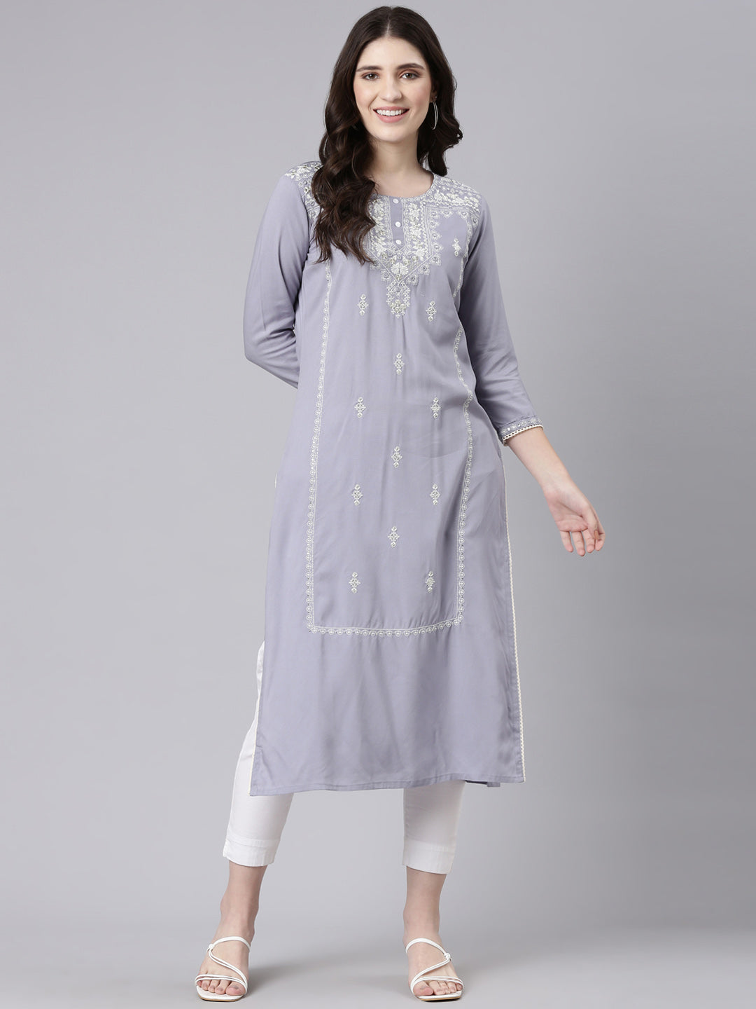 Neeru's Grey Regular Straight Embroidered Kurtas