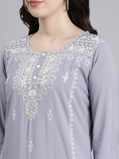 Neeru's Grey Regular Straight Embroidered Kurtas