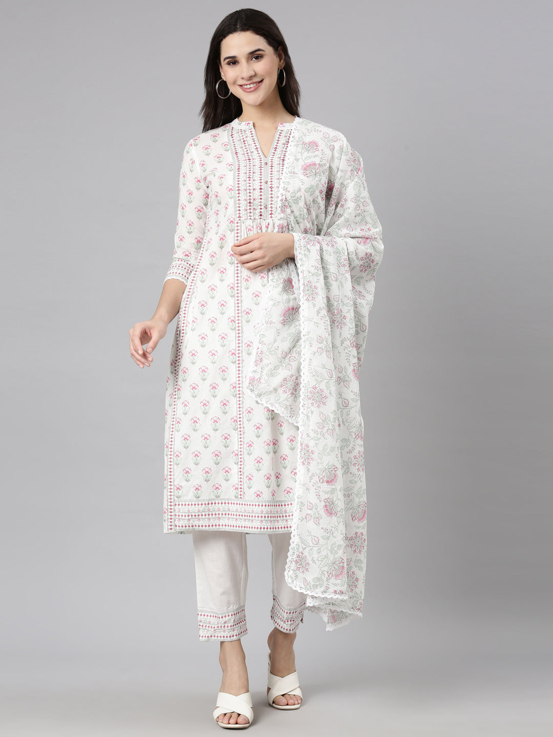 Neerus Pink Regular Straight Floral Kurta And  Trousers With Dupatta