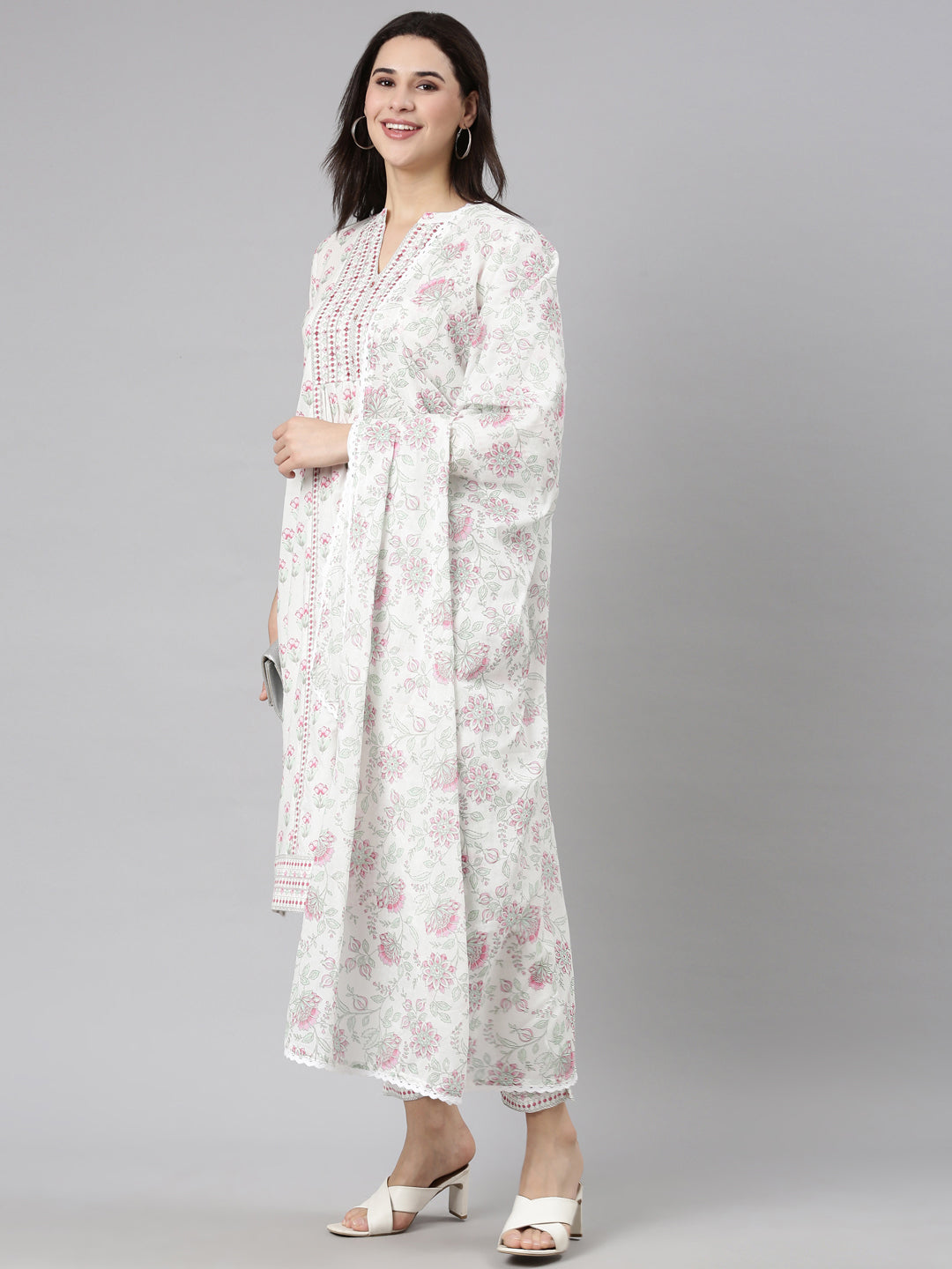 Neerus Pink Regular Straight Floral Kurta And  Trousers With Dupatta