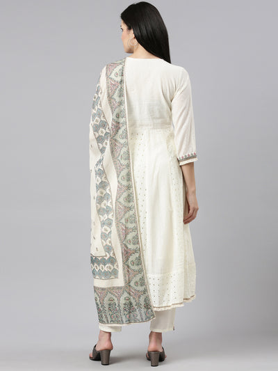 Neeru's Cream Regular Straight Embroidered Readymade suits