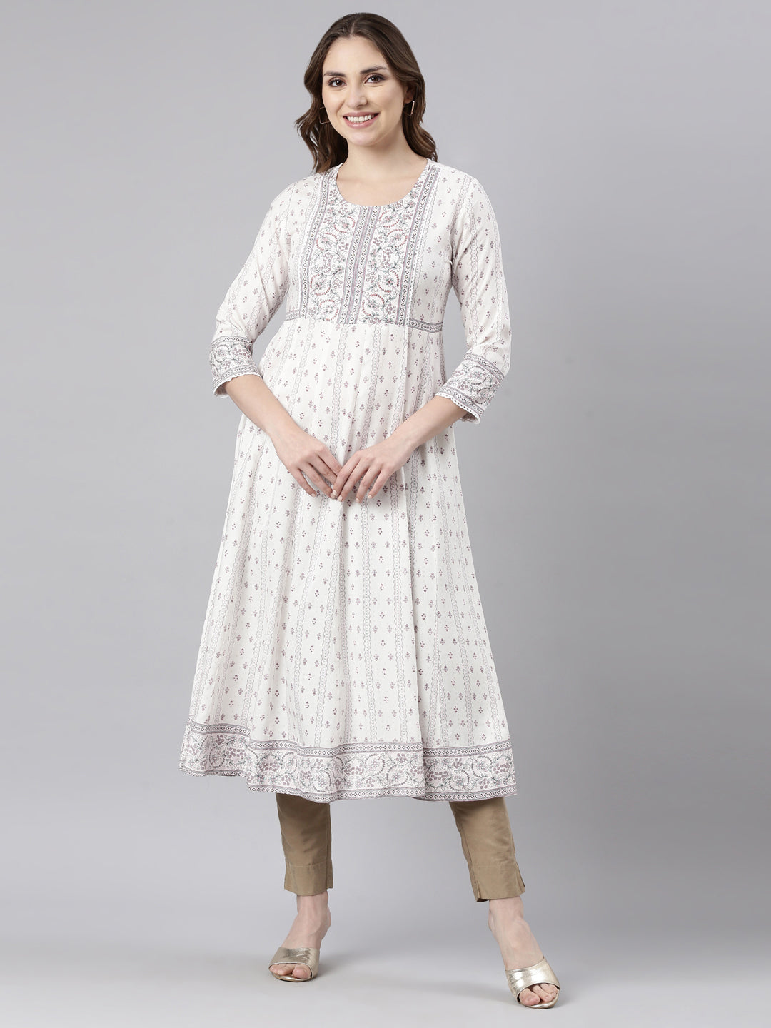 Neerus White Regular Anarkali Floral Kurtas